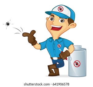 Exterminator leaning on pest sprayer isolated in white background