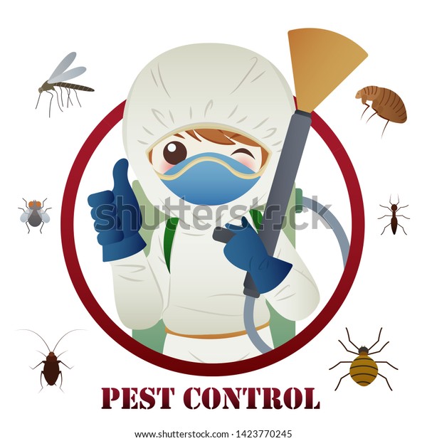 exterminator or pest control in round frame\
and thumbs up on white\
background