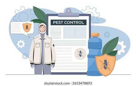 Exterminador em traje de proteção com equipamento de controle de pragas, área de transferência, escudo com ícone de inseto e frasco de spray sobre fundo abstrato. Ilustração vetorial
