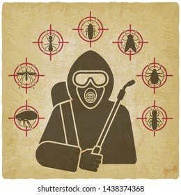 Exterminator with sprayer silhouette surrounded by insect pest icons on vintage background