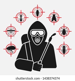 Exterminator with sprayer silhouette surrounded by insect pest icons