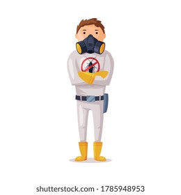 Exterminador con uniforme de protección de uso, trabajador de control de plagas Ilustración de vectores de servicio sobre fondo blanco