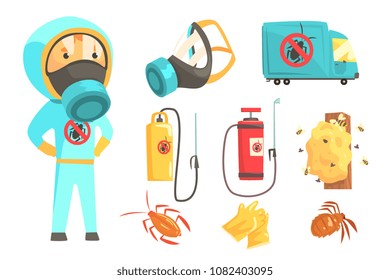 Exterminators of insects in chemical protective suit with equipment and products set. Pest control service cartoon colorful Illustrations