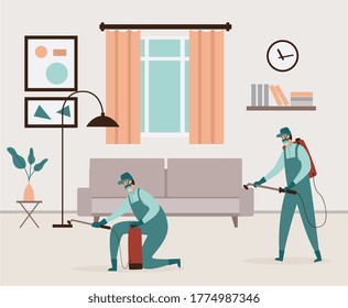 Exterminators of insects working in house room interior, flat vector illustration. Pest control services employees staff at work in private apartment.