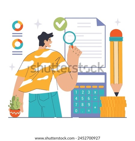 External Audit concept. Focused man reviewing a detailed report, equipped with calculator and giant pencil. Evaluating financial records and transparency. Flat vector illustration.