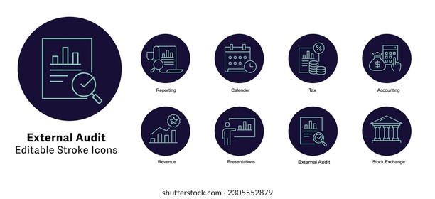 Conjunto de iconos de auditoría externa. revisión externa, auditoría independiente, auditoría financiera y auditoría legal. Iconos de sobresalto editables.