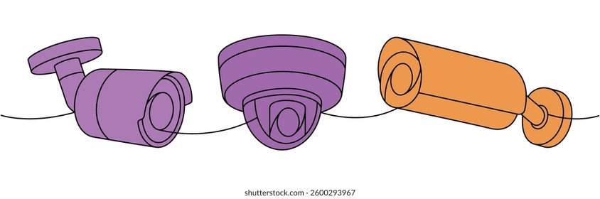 External CCTV cameras one line colored continuous drawing. Outdoor video cameras. Vector illustration.