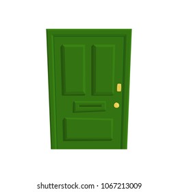 External closed green door with handle, lock and slot for letters. Cartoon flat vector illustration