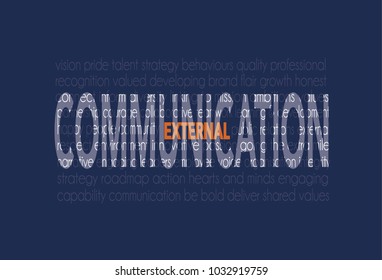 External Communications Word Cloud, Business Words Related To Communication On A Baby Background With Orange Text