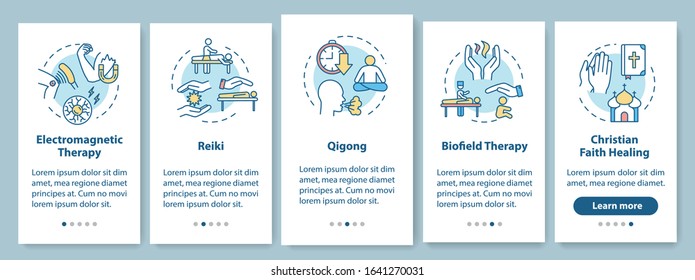 External energy medicine onboarding mobile app page screen with concepts. Reiki, qigong, biofield therapy walkthrough five steps graphic instructions. UI vector template with RGB color illustrations