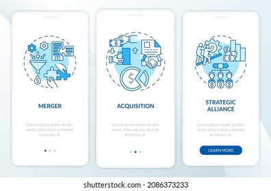 External expansion blue onboarding mobile app page screen. Business development walkthrough 3 steps graphic instructions with concepts. UI, UX, GUI vector template with linear color illustrations