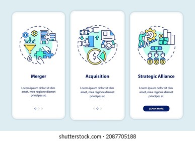 Externer Erweiterungsbildschirm auf der mobilen App. Business Development exemplarisch in 3 Schritten grafische Anleitungen mit Konzepten. UI, UX, GUI-Vektorvorlage mit linearen Farbillustrationen