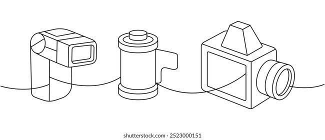 External flash, camera film roll, vintage camera with bellows one line continuous drawing. Professional photo equipment. Vector linear illustration.