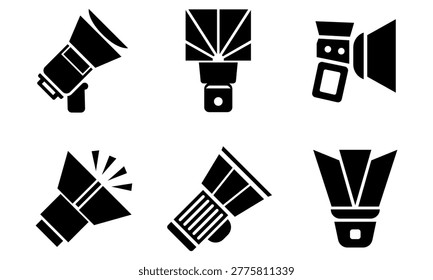 External flash unit speedlight silhouette vector set for camera lighting and studio equipment