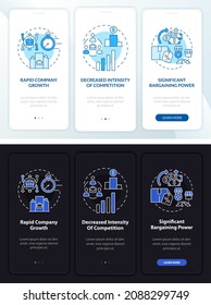 External growth perks dark, light onboarding mobile app page screen. Walkthrough 3 steps graphic instructions with concepts. UI, UX, GUI vector template with linear night and day mode illustrations