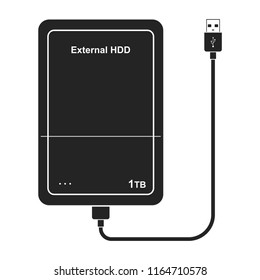 External hard disk drive icon with USB cable isolated on dark background. Portable extern HDD. Memory drive vector illustration