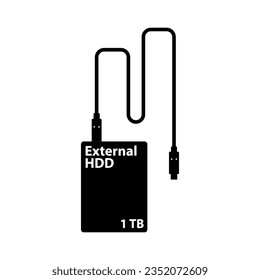 Silhouette de unidad de disco duro externa. Elementos de diseño de iconos blancos y negros sobre fondo blanco aislado