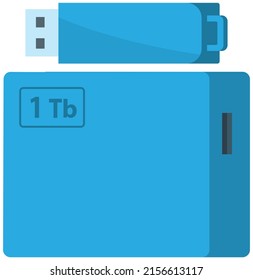 External hard disk drive with USB cable isolated on white. Portable extern HDD. Memory drive vector illustration, flash drive. Modern technologies storing information on mobile electronic devices