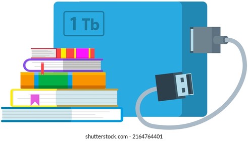 External hard disk drive with USB cable isolated on white. Portable extern HDD. Memory drive vector illustration, flash drive. Modern technologies storing information on mobile electronic devices