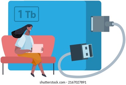 External hard disk drive with USB cable isolated on white. Portable extern HDD. Memory drive vector illustration, flash drive. Modern technologies storing information on mobile electronic devices