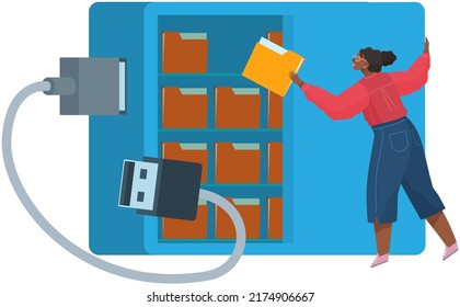 External hard disk drive with USB cable isolated on white. Portable extern HDD. Memory drive vector illustration, flash drive. Modern technologies storing information on mobile electronic devices