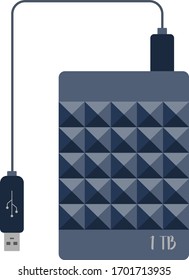 External hard disk with USB cable, 1 TB. Expansion portable drive disk. Flat vector illustration