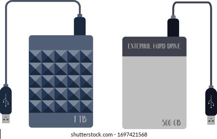 Discos duros externos con cable USB, 500 GB y 1 TB. Expansión de discos de unidad portátiles. Ilustración vectorial plana
