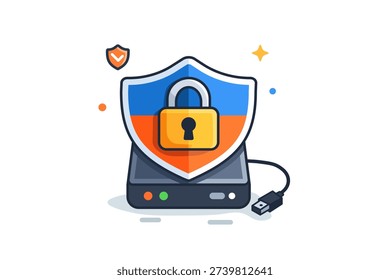External hard drive data protection illustrated with a shield and lock integrated into the drive shape, communicating safety, encryption, and