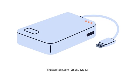 Disco rígido externo para armazenamento de dados e backup de informações. Dispositivo portátil com cabo USB para conexão. Banco de energia, dispositivo carregador, fonte. Ilustração de vetor plano isolada no plano de fundo branco