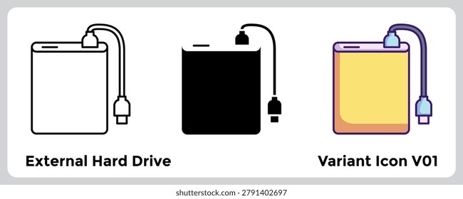 External Hard Drive icon represents backup and secure storage in digital management visuals. Line, Filled, Color style.