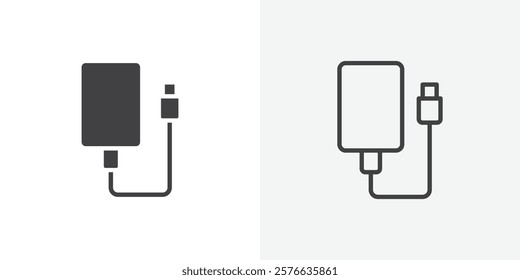 External hard drive icon set in black flat solid and outlined style.