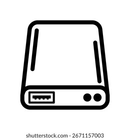 Un disco duro externo en un diseño de esquema simple ilustra las capacidades de almacenamiento de datos y copia de seguridad, ideal para su uso en interfaces de usuario o gráficos informativos.