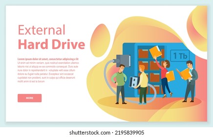 External hard drive technology server concept landing page template. Business people put in document drawer folder in cloud-shaped cabinet. Cloud computing services, digital information organization