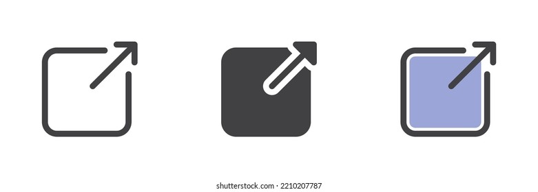 Externer Link unterschiedlicher Stil Symbol Set. Linie, Glyphe und gefüllte Umrissversion, teilen Pfeilumrisse und gefülltes Vektorzeichen. Exportsymbol, Logo-Illustration. Vektorgrafik
