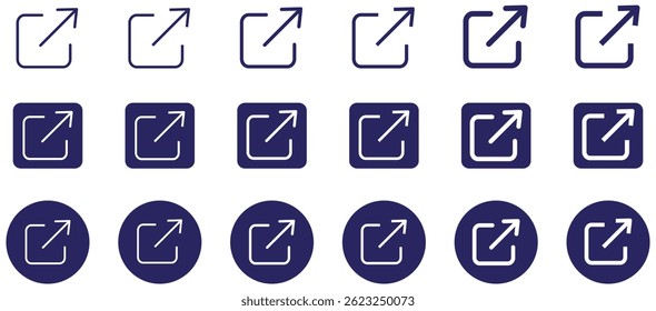 Iconos externos del Enlace fijados en el fondo blanco. Icono de interfaz para hipervínculo y redirección. Abra el ícono de Botón de Enlace en estilo plano. Botón de interfaz de Compartir. Página abierta en la nueva ventana. Ilustración vectorial