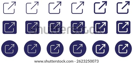 External Link Icon set with arrow-out symbols, outline and solid versions, square and circle shapes used for representing open-link actions.