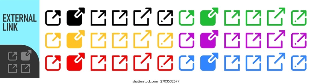External link icon set. open in new window icons in various color styles with arrow and square shapes. Ideal for web design, hyperlinks, UI interfaces, navigation, and digital connection concepts