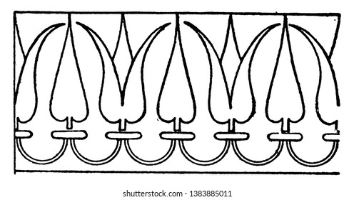 External Margin Link Border is found on the outside of a Greek kylix or wine-drinking cup, vintage line drawing or engraving illustration.