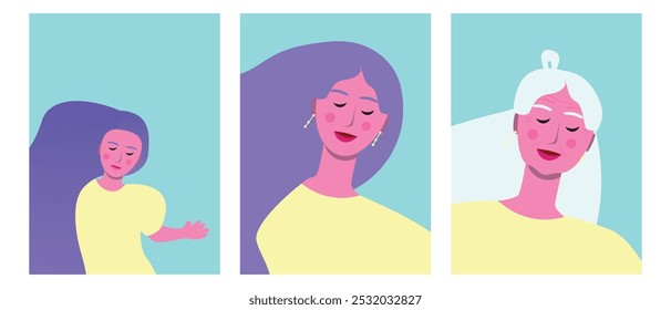 Semejanza externa de mujeres en una familia de diferentes generaciones, ilustración emotiva de stock de Vector plano o tríptico con una mujer que crece