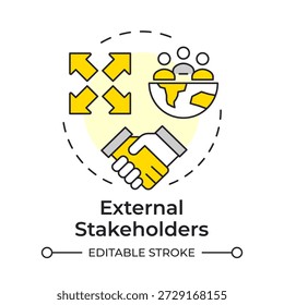 External stakeholders multi color concept icon. Social responsibility, partnership handshake. International business. Round shape line illustration. Abstract idea. Graphic design. Easy to use