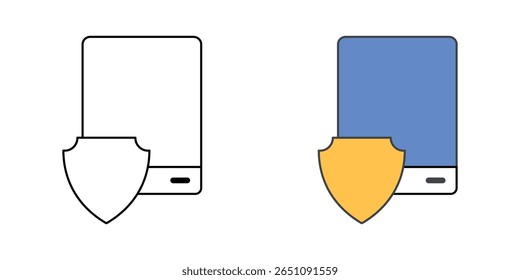 Ícone de proteção de armazenamento externo com disco rígido e símbolo de escudo, ideal para backups seguros, privacidade de dispositivo e ilustrações de proteção de dados digitais.