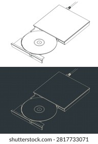 External USB CD DVD drive with disc open isometric blueprint stylized vector illustrations