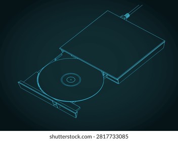 External USB CD DVD drive with disc open isometric blueprint stylized vector illustrations