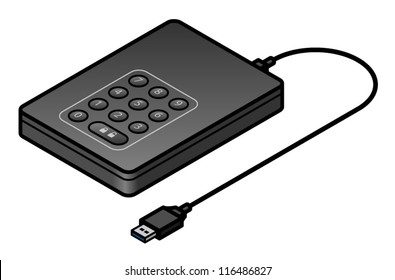 An external USB hard disk with an encryption/decryption keypad.