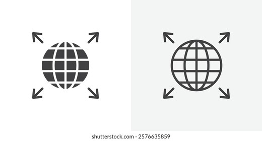 External world icon set in black flat solid and outlined style.