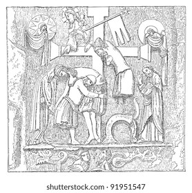 The Externsteine relief of the Descent from the Cross - middle ages / vintage illustration from Meyers Konversations-Lexikon 1897