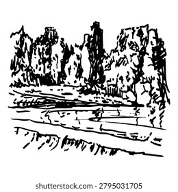 The Externsteine rock formation. German historical landmark in North Rhine-Westphalia. Hand drawn linear doodle rough sketch. Black and white silhouette.