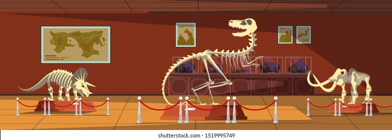 Extinct animals bones vector illustrations set. Prehistoric wildlife. Mammoth, tyrannosaurus rex and triceratops skeletons. Paleontology museum showpieces, ancient creatures remains exposition