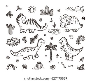 Extinct animals. Cute Cartoon Dinosaur Vector set. Hand drawn doodle Dinosaurs: Tiranossauro Rex, Triceratops, Stegosaurus, Diplodocus and Plants. No Fill Color