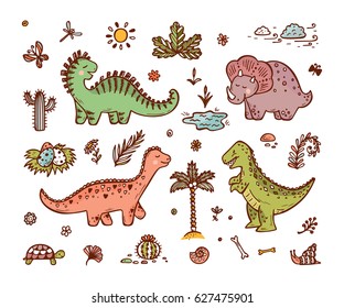 Extinct animals. Cute Cartoon Dinosaur Vector set. Hand drawn doodle Dinosaurs: Tiranossauro Rex, Triceratops, Stegosaurus, Diplodocus and Plants